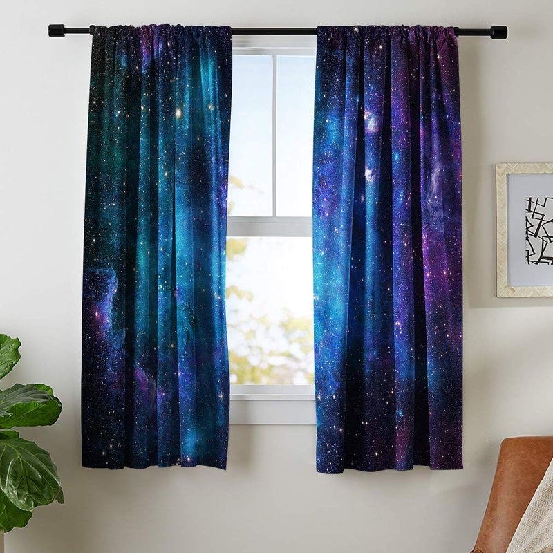 Riyidecor Kids Boys Galaxy Celestial Curtains Outer Space Rod Pocket (2 Panels 52 x 63 Inch) Blue Planet Nebula Universe Black Starry Sky Living Room Bedroom Window Drape Treatment Fabric WW-CLLE - Image 2